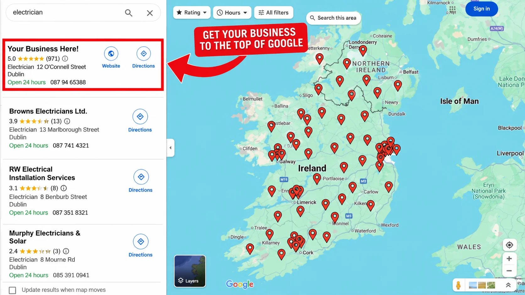 Client business ranked #1 on the Google Maps results for Ireland